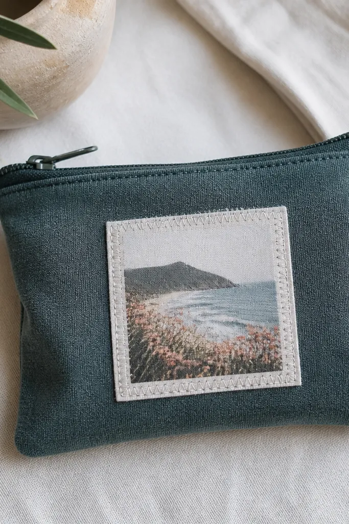 A small zipper pouch made from a repurposed t-shirt fabric. A patch with a printed photo and stitched border sits centered on the front, with the zipper running smoothly across the top.