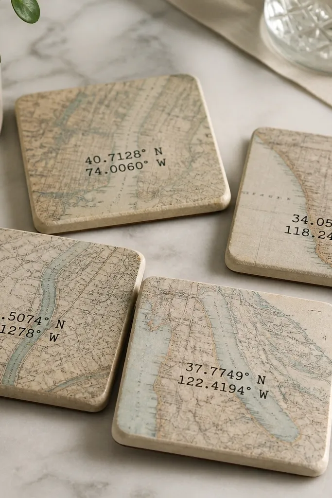 Four square coasters with a faded map print background. Each has coordinates stamped in the center in black ink, and the back is cork. The edges are sealed and slightly rounded.
