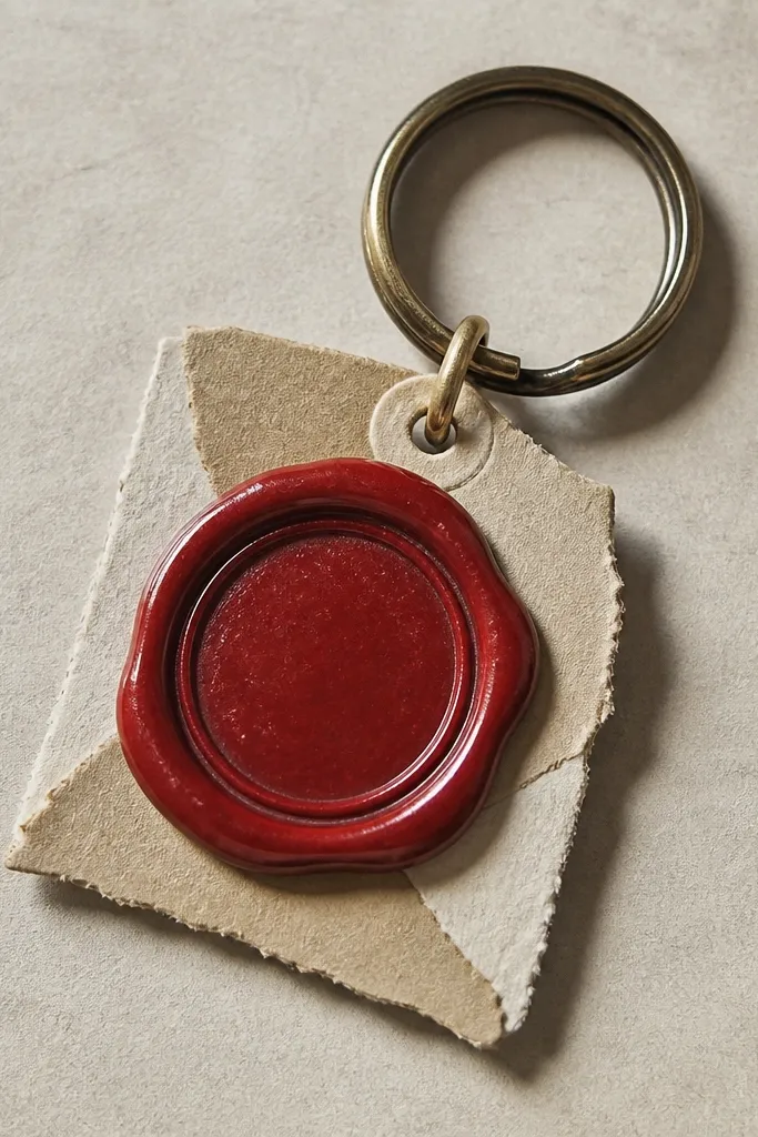 A small keychain with a circular wax-seal style sticker on a torn envelope scrap. The wax seal is deep red, and the envelope edges are layered under it. A metal key ring attaches through a punched hole.