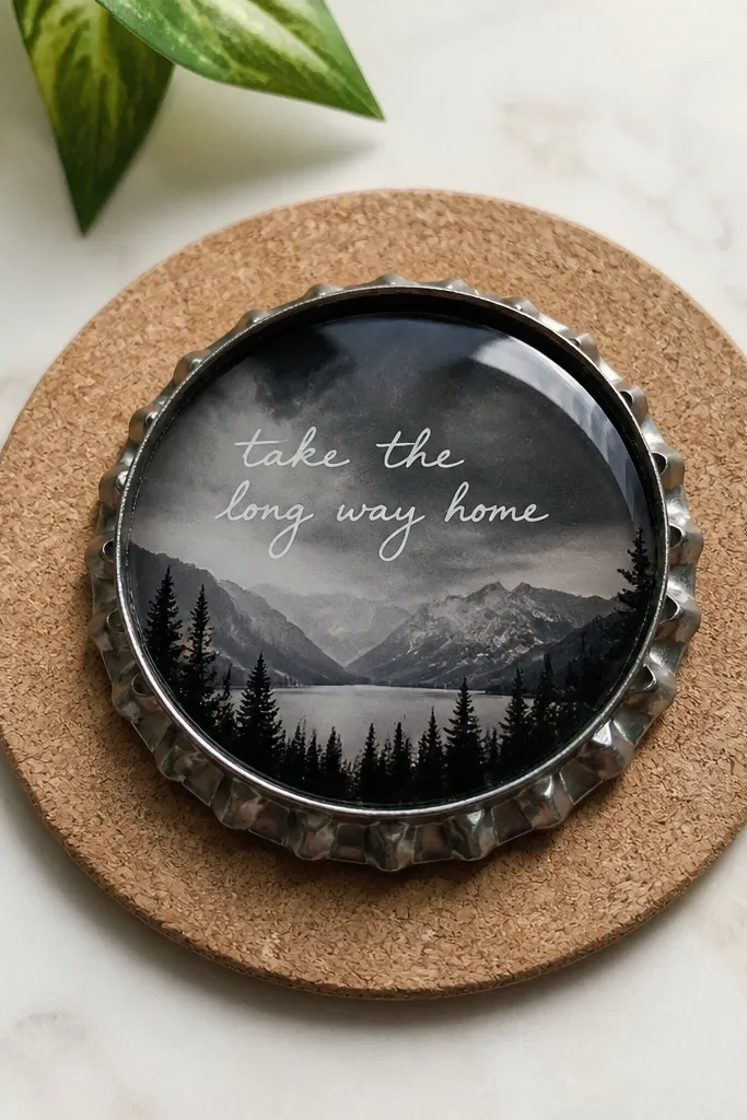 A round cork coaster topped with a bottle cap. The bottle cap has a printed photo and a short handwritten-style quote in white on a dark background, sealed with clear resin.