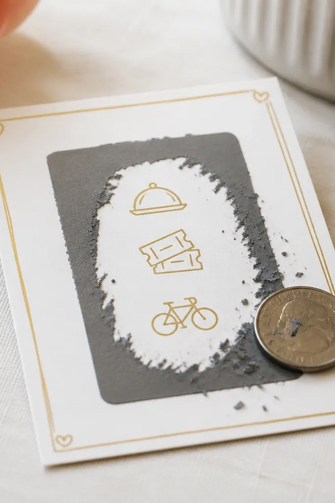 A small cardstock card with a dark gray scratch layer over a printed list of three date ideas. The list is visible once scratched off, and the card has a hand-drawn border in gold pen.