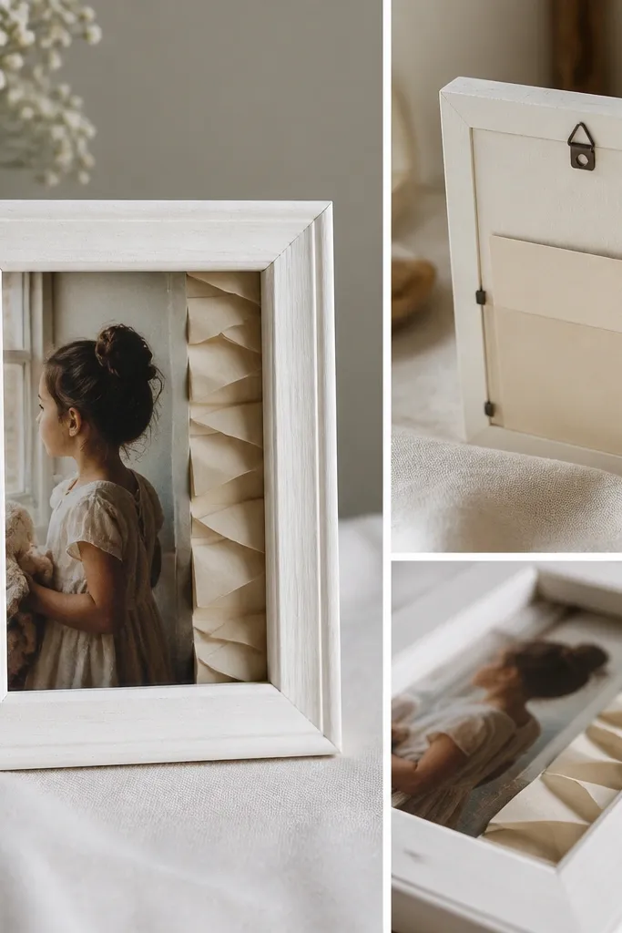 A small thrifted frame painted matte white. Inside, a photo sits in front of a paper strip with folded messages. The back has a simple hook and a clear pocket holding a card.