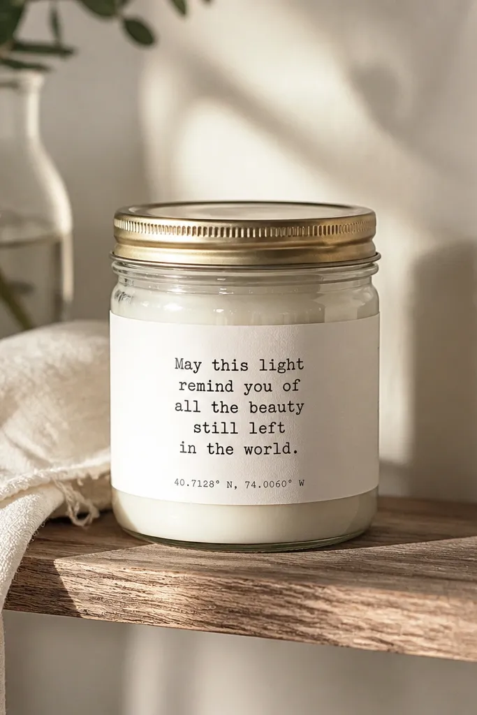 A reused glass candle jar with a clean white label wrapped around the center. The label has a typed message in dark ink and a small line of coordinates at the bottom. The jar lid is cleaned and reused.