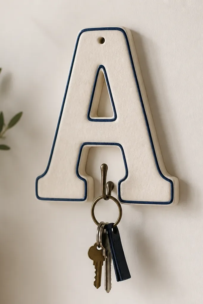 A key holder shaped like a large letter initial made from salt dough, painted in soft off-white with a thin navy outline. It has a small hanging hole and a hook mounted on a wall.