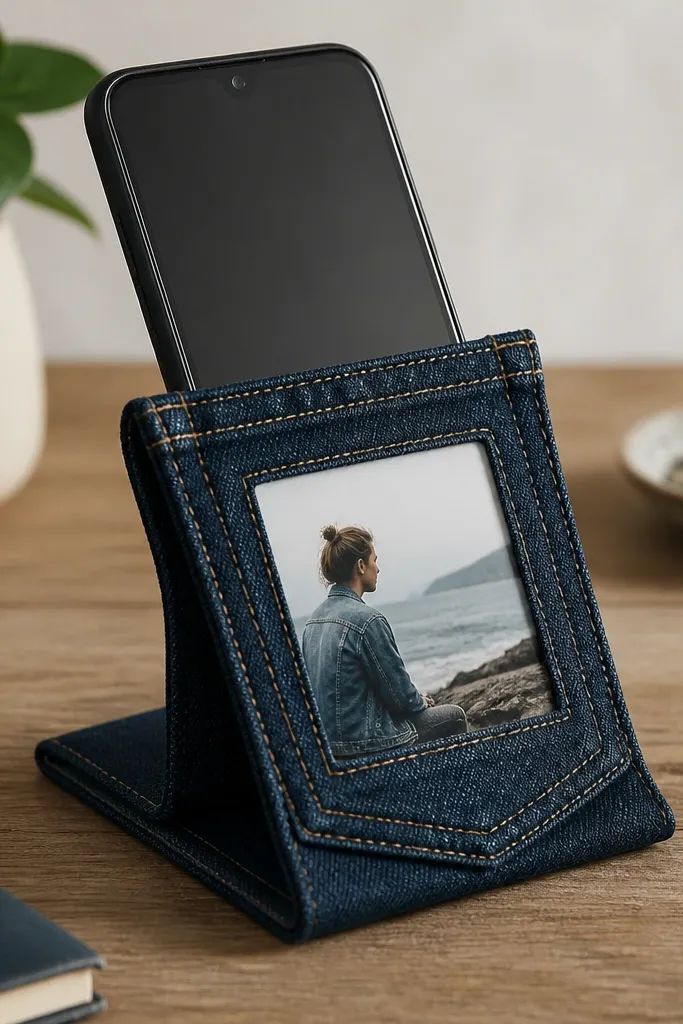 A phone stand made from a folded denim pocket. The pocket holds a small photo behind a clear window, and the base folds flat like a book. Stitch lines are visible, and the denim is dark blue.
