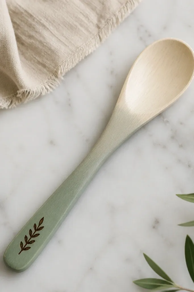 A light wooden spoon painted with a gradient of muted sage and cream. A short message is burned or painted near the handle, and a small protective oil finish covers the whole spoon.