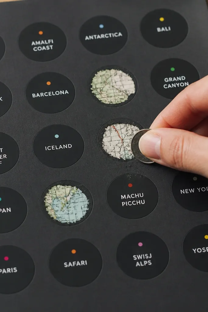 A sheet of matte black stickers with small colored dots underneath. Each sticker has a location label printed in white, and a few are already scratched to reveal a light map texture beneath.