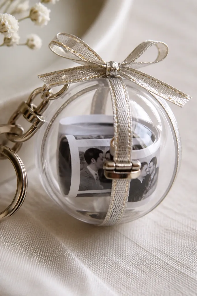 A small clear plastic ornament repurposed into a keychain locket. A rolled photo strip sits inside, and a tiny metal clasp holds it closed. The outside is decorated with a thin metallic ribbon.