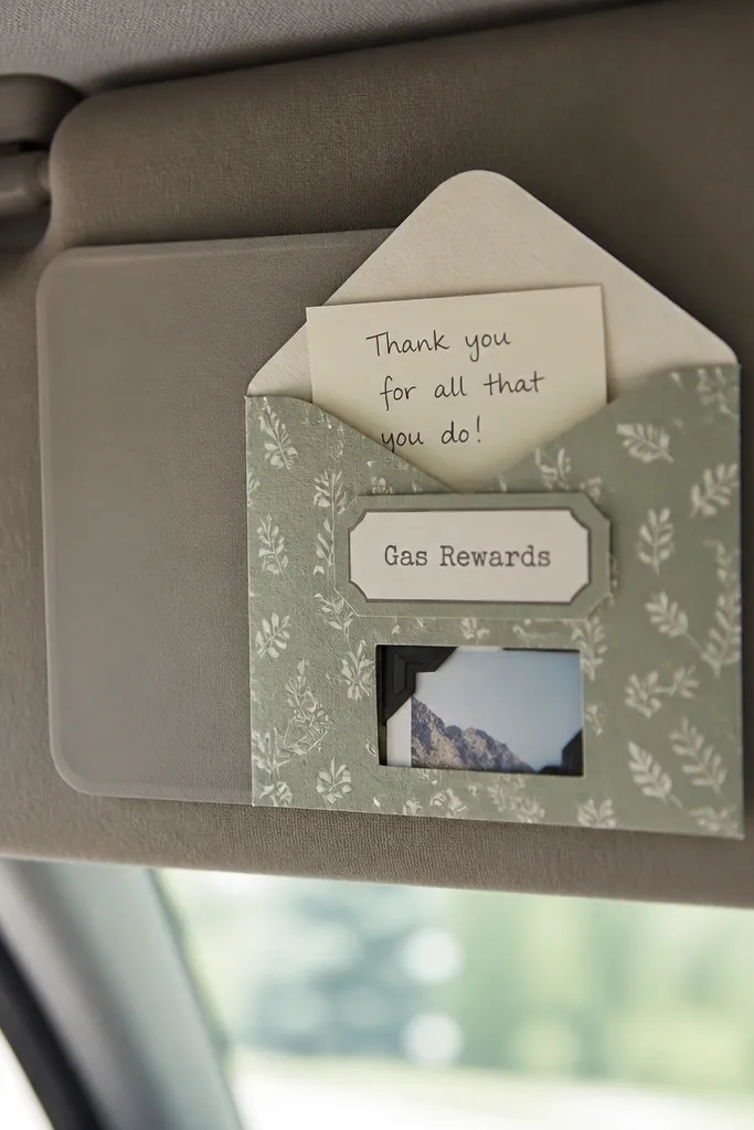 A small envelope attached inside a car visor holder. It's made from patterned paper, with a printed label reading "Gas Rewards" and a handwritten note inside. A clear tape window shows a photo corner.