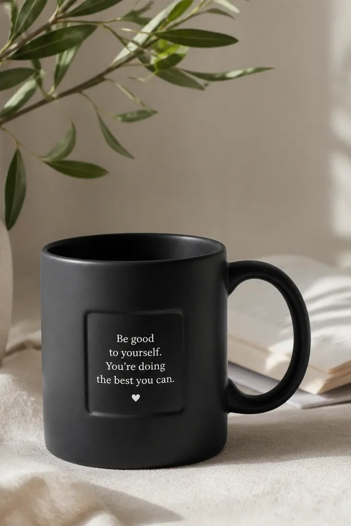 A matte black mug with a small rectangular quote patch on the side. The quote is white and crisp, and the patch edges look like part of the mug, not a sticker. A tiny heart icon sits under the text.