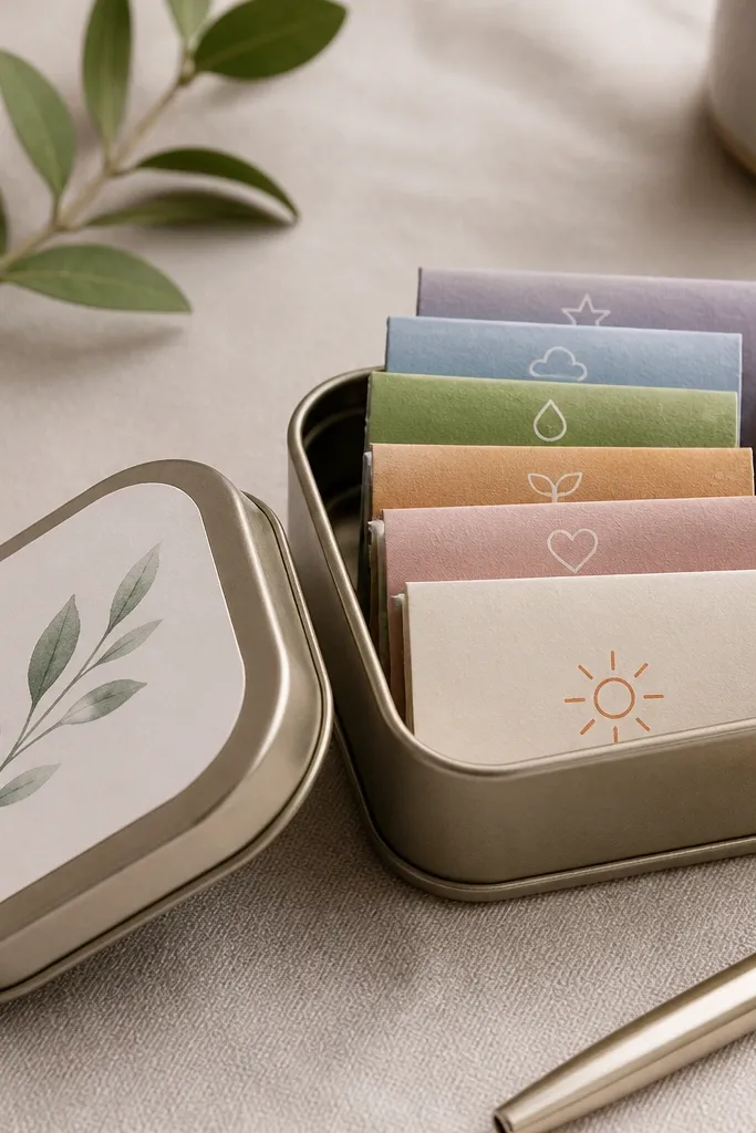 A small tin with a label on the lid. Inside is a stack of folded mini cards with different messages. The cards are color-coded with small icons and each fold is crisp.