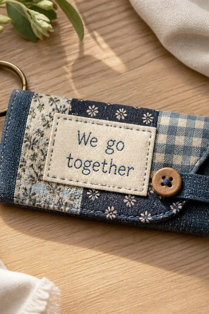 A key fob made from two layers of fabric scraps. The front has a stitched patch that reads "We go together," and the back is a solid dark fabric. A small button closure keeps it closed.