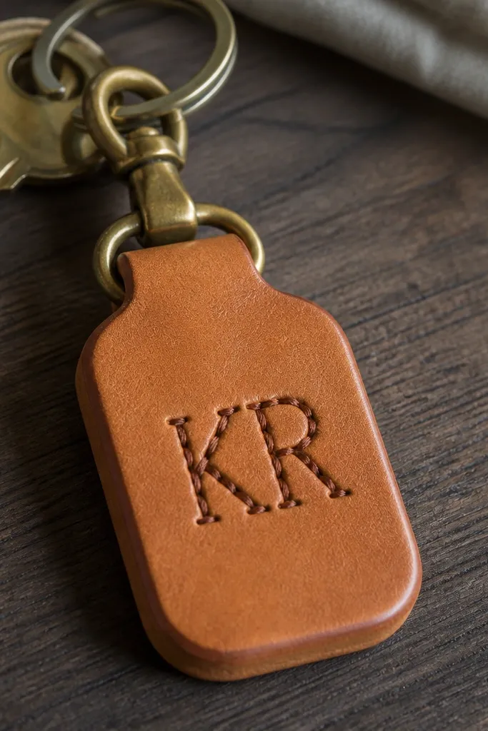 A tan full-grain leather key fob with rounded edges and a brass clasp at the top. Two stitched initials sit centered on the front, thread is a slightly darker brown. The fob hangs from a key ring, showing thickness and clean edge burnishing.