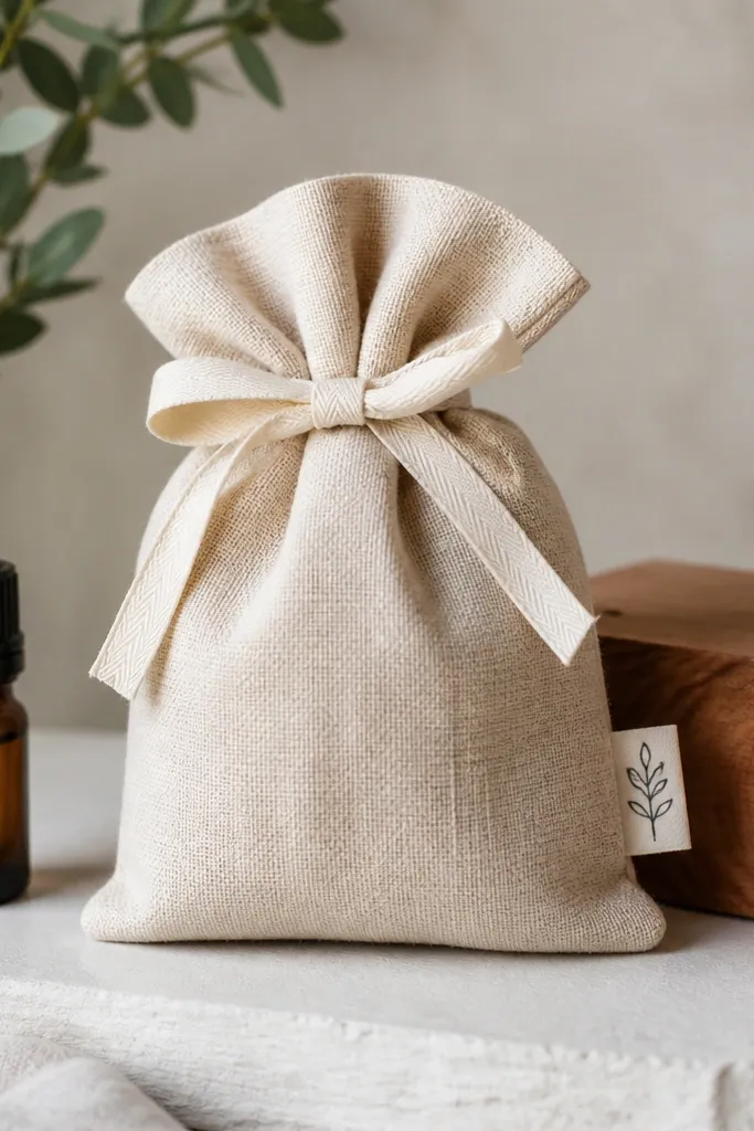A small linen pouch in warm oatmeal fabric, neatly top-stitched, tied with a narrow twill ribbon. A tiny tag peeks from the side seam with a handwritten message. The pouch sits next to a block of cedar and a small bottle of essential oil.