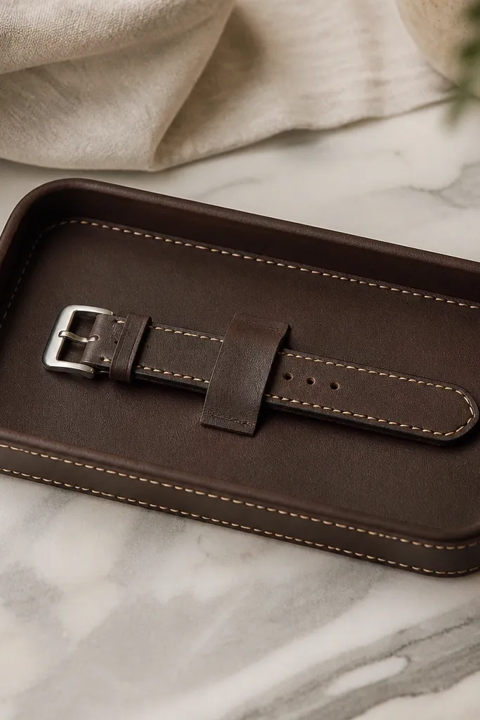 A small rectangular tray in dark brown leather with a raised lip. The edges are burnished and stitched with cream thread. A folded leather strap holds a watch band in place, shown resting on the tray.