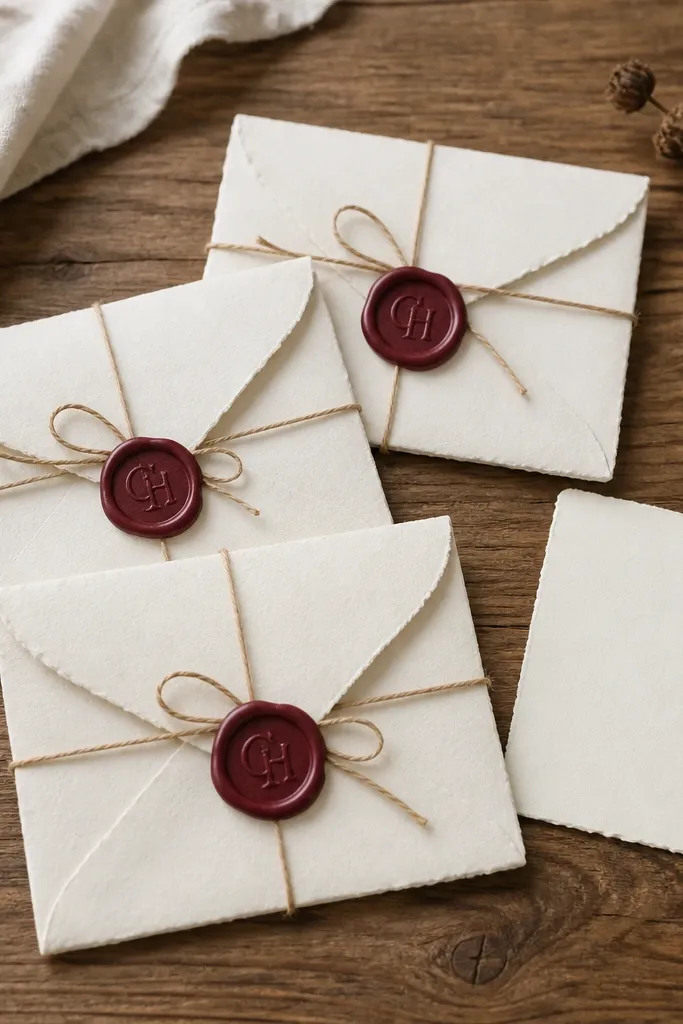 Three cream envelopes with deckled edges tied with twine. Each envelope has a red-burgundy wax seal stamped with a simple monogram. A small card sits beside them on a wooden table.