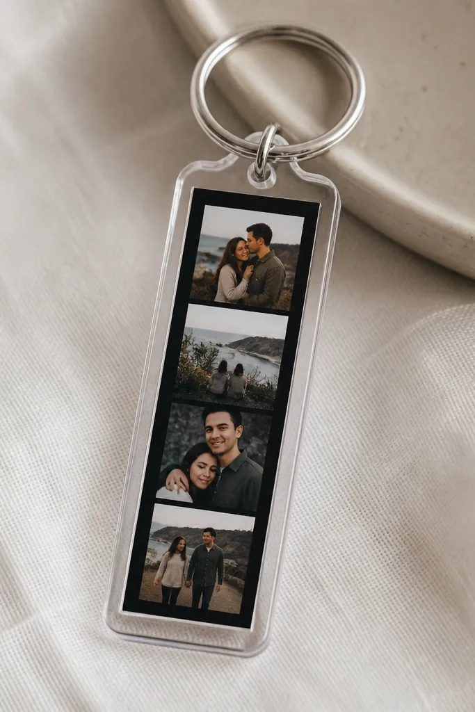 A clear acrylic keyring with a narrow photo strip inside. The strip shows four small photos arranged vertically, with a dark background behind them. The keyring metal is brushed silver and the edges are polished.