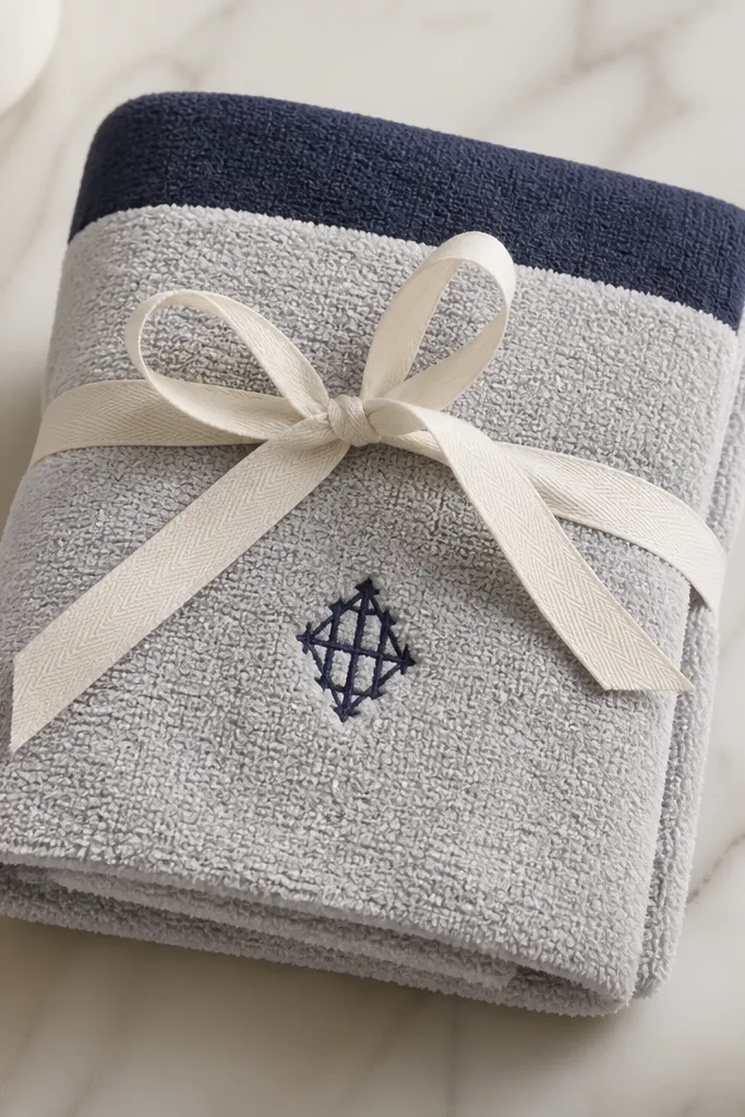 A light gray gym towel with a darker navy linen cuff at the top. A small stitched monogram sits centered in navy thread. The towel is folded and tied with a simple cotton twill ribbon.