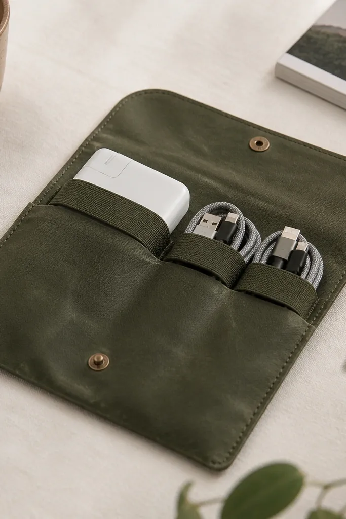 A waxed canvas sleeve in olive green with a snap closure and elastic loops inside. A phone charger and braided cables are neatly slotted. The exterior has a slightly glossy wax finish and clean top stitching.