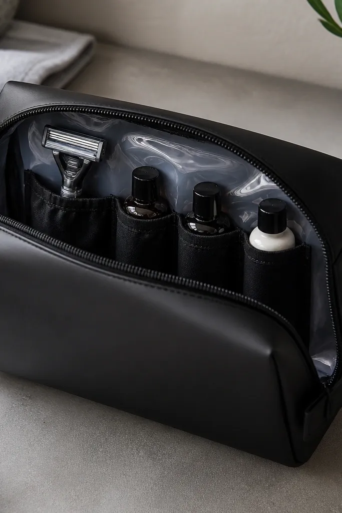 A structured travel pouch with a matte black exterior and a clear waterproof lining visible through an opening seam. A zipper runs smoothly across the top. Inside, there are elastic pockets sized for a razor and small bottles.