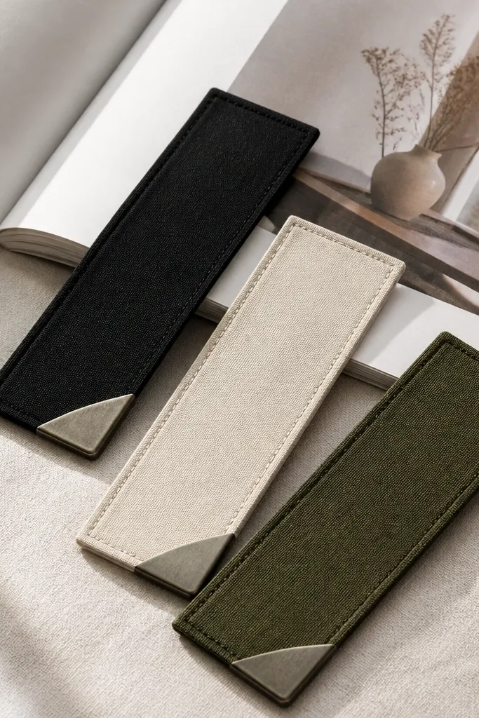 A set of three fabric bookmarks in black, cream, and olive. Each bookmark has a small metal corner clip on one end. The fabric edges are neatly bound, and the clips have a brushed finish.