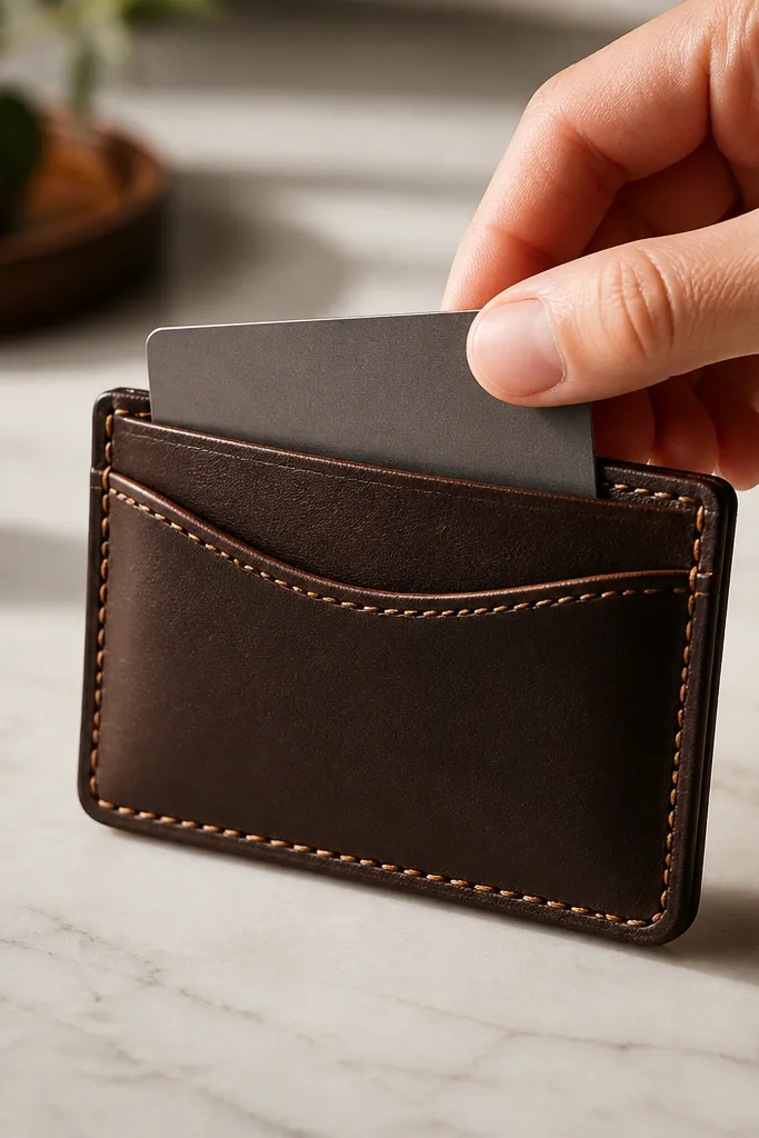 A slim leather card holder with two main pockets and a stitched front panel. The leather is dark brown with a slight sheen. Edges are burnished and the thread is tan. A card is shown sliding in smoothly.