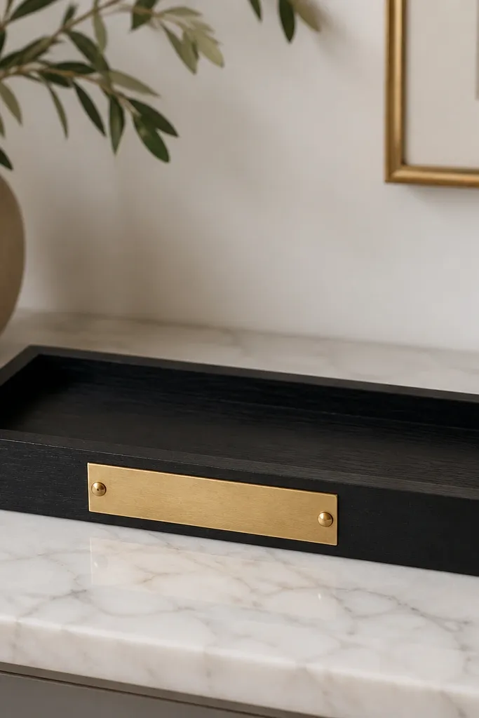 A small wooden tray with a bar-style shape: a shallow rectangular base with a raised lip. It's painted in matte black and sealed with a satin top coat. A brass nameplate sits on the front with clean screws.