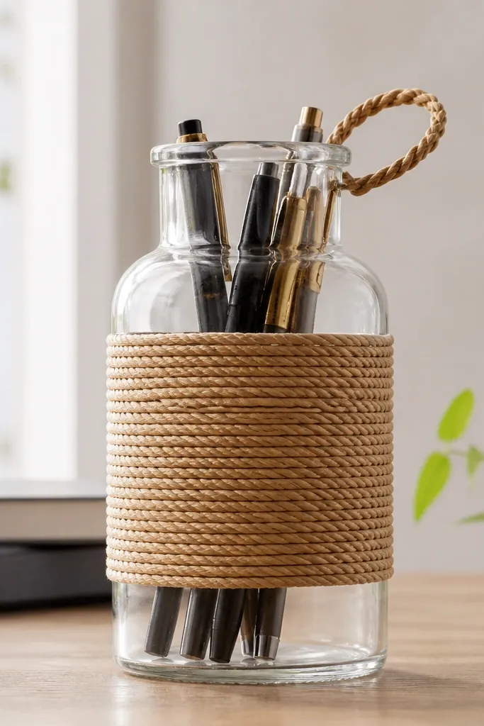 A clear glass bottle wrapped with tan braided cord around the middle and a small braided loop at the top. The bottle mouth has a smooth edge and the cord is tightly wrapped with neat spacing. Pens stand inside.