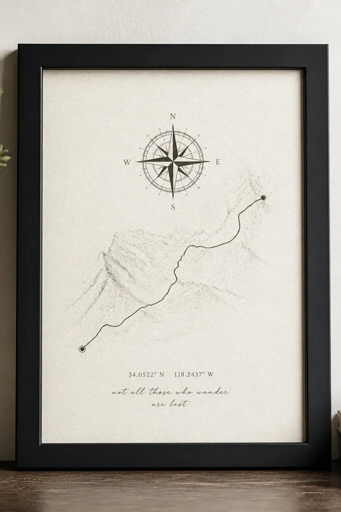 A framed print with a compass rose design and a simple map route line. The background is off-white textured paper. Small coordinates and a short handwritten note sit near the bottom. The frame is black with a matte finish.