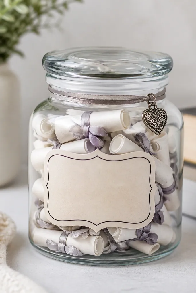 A clear glass jar filled with rolled cue cards tied with a small ribbon. A printed label sits on the jar in a simple typeface. The lid has a small metal charm attached. The jar looks clean and uniform.