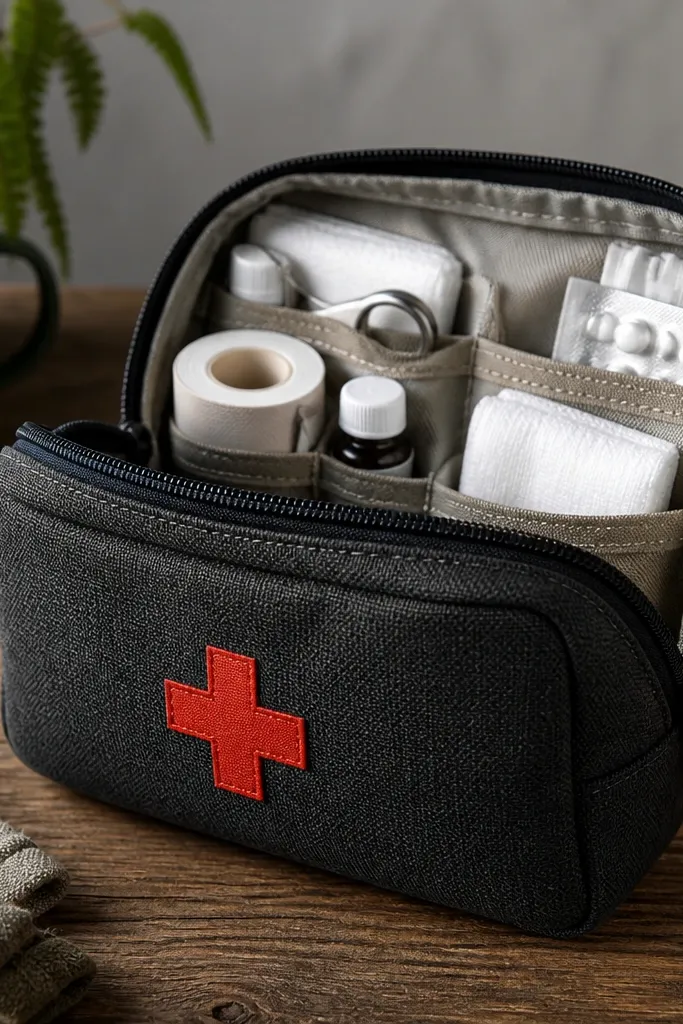 A compact pouch with a sturdy zipper and a red cross patch on the front. Inside are neatly packed items in small compartments. The fabric is dark gray canvas and the zipper pull is a bright orange cord.