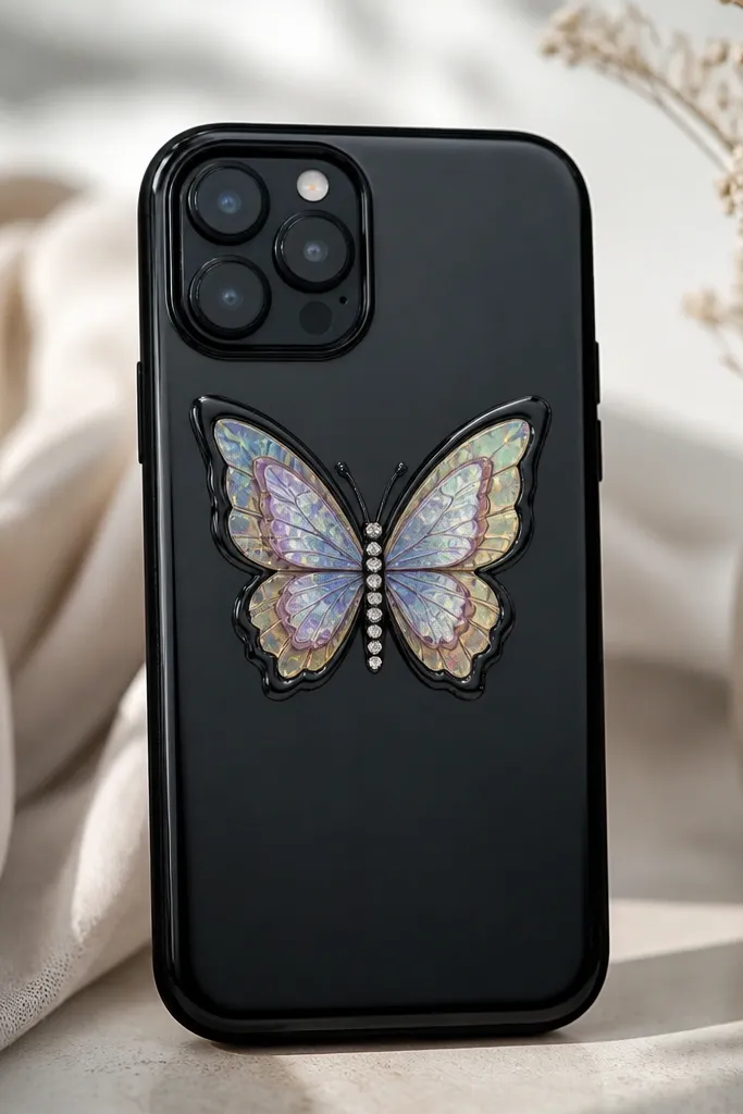 A black TPU phone case with a butterfly centered above the logo area; wings are made from iridescent metallic craft foil layered in two sizes, with small rhinestone dots along the body and a glossy clear coat finish.