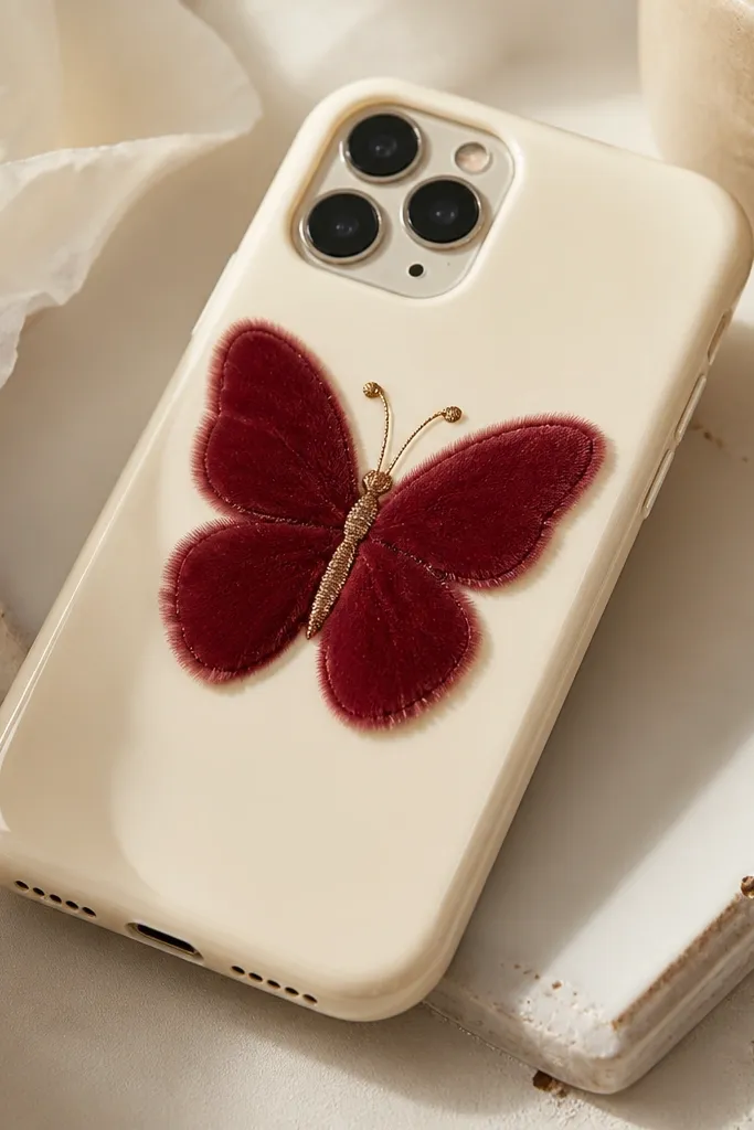A warm cream phone case with a butterfly made from burgundy velvet fabric; the body is stitched with fine gold thread, and the wings have soft, fuzzy edges under a glossy clear topcoat.