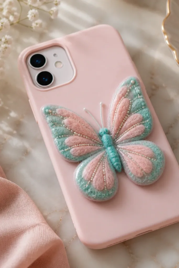 A pastel pink phone case featuring a raised felt butterfly in teal and light pink; tiny micro-beads run along wing veins, and the wings are domed slightly with clear gel topcoat.
