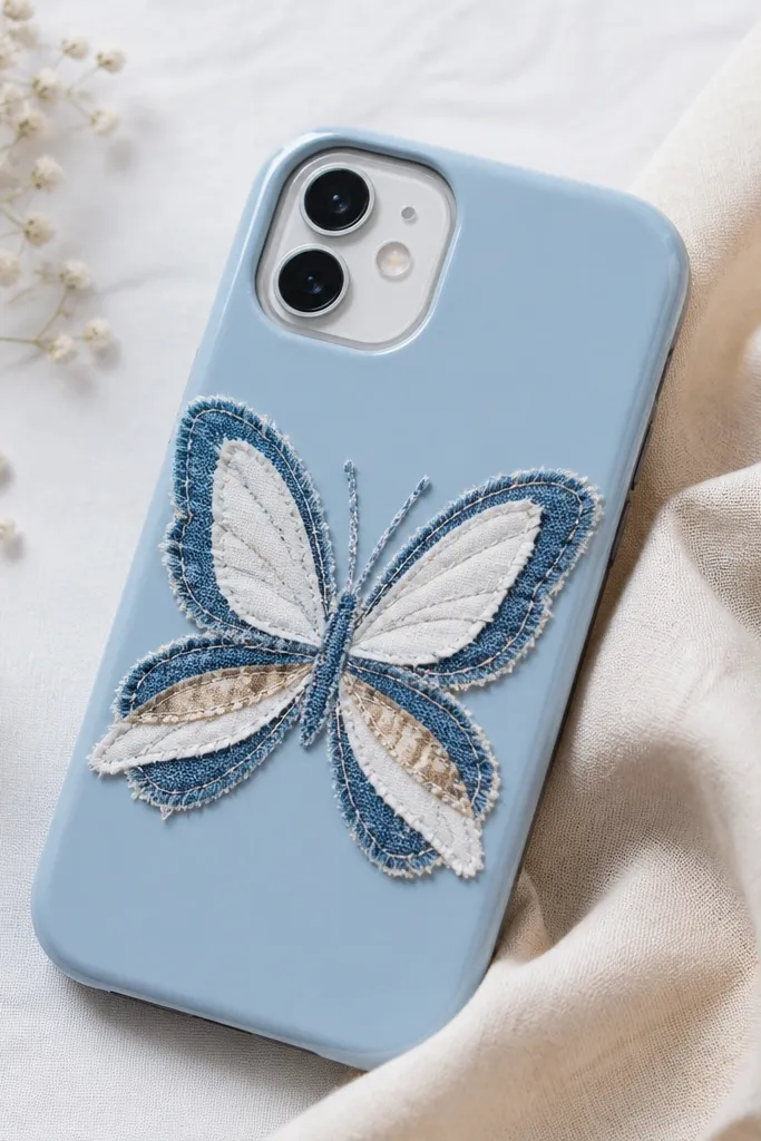 A light blue phone case with a butterfly made from layered fabric scraps: denim blue, white cotton, and a small strip of tan patterned fabric; edges are hand-trimmed and sealed with glossy coat.