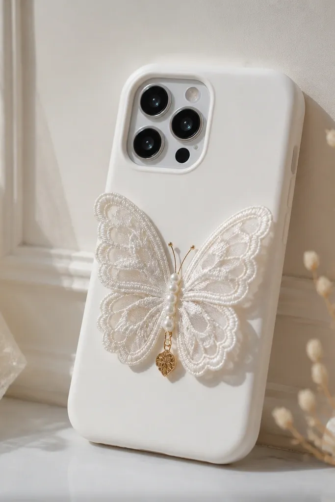 A white phone case with a butterfly made from delicate lace; the wings have a sheer overlay that catches light, and the body has small pearl beads and a tiny gold charm.