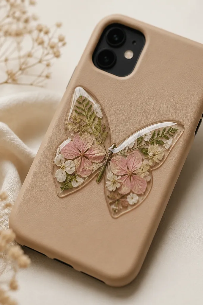 A tan phone case with a butterfly silhouette filled with pressed flower petals in soft greens and pinks; a clear resin dome covers the butterfly area with a glossy, glass-like surface.