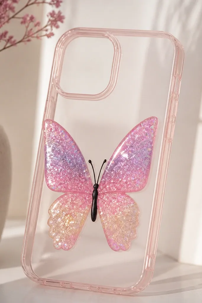 A clear or nude pink phone case with a glitter gel butterfly; the wings have sparkly gradients and crisp edges, with a matte black body and a glossy top seal.