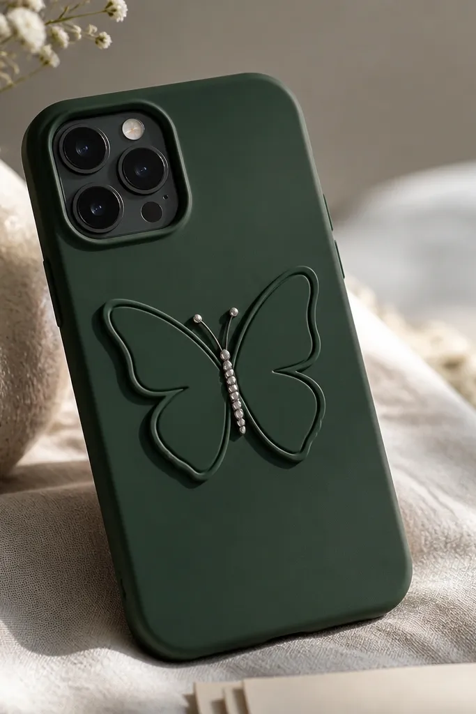 A deep green phone case with a matte vinyl butterfly; a raised outline around the wings looks like a clean border, and the body has tiny silver dot accents.