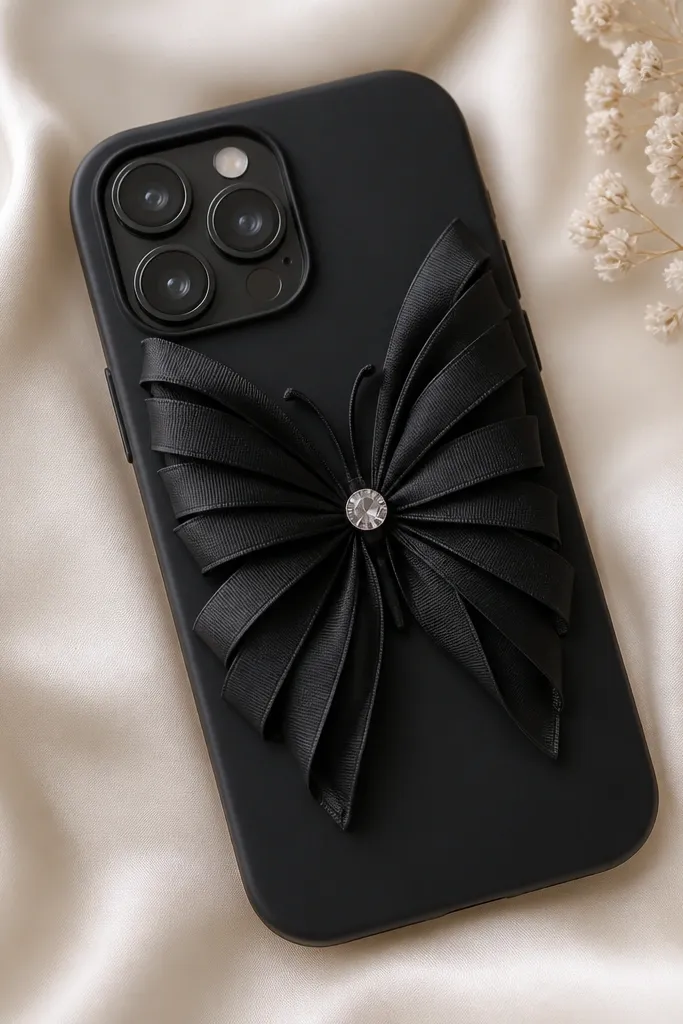 A black phone case with a butterfly made from layered satin ribbon strips; the wings have soft folds, and the body ends in a small rhinestone button center.