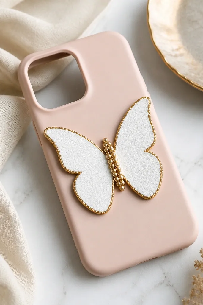 A nude pink phone case with a butterfly cut from white foam; edges are rubbed with metallic gold pigment, and the body is covered with tiny gold beads.