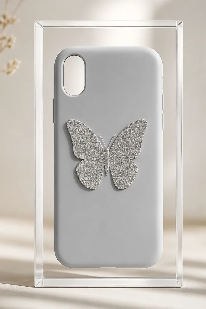 A light gray phone case with a butterfly centered inside a clear acrylic-like frame; the butterfly is made from thin glitter paper, and the frame has clean edges.