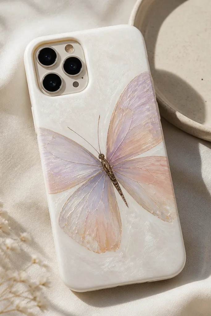 A white phone case with a hand-painted butterfly; wings are painted in soft lavender and peach with a pearlescent wash behind it, and the body is fine-lined in dark brown.
