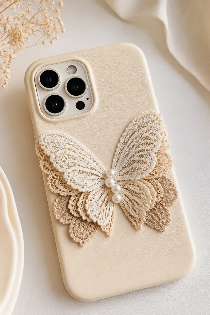 A cream phone case with a butterfly built from three lace layers; the top lace is off-white, the middle is champagne, and the bottom is beige, with a small cluster of pearls at the center.