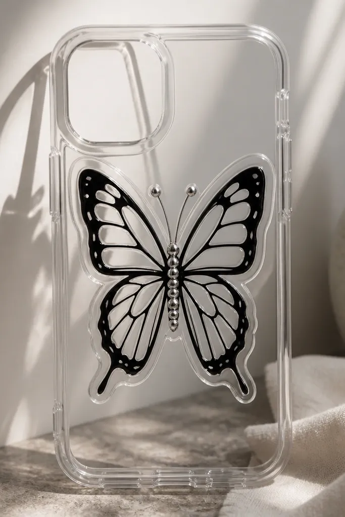 A clear phone case with a black-and-white butterfly cutout; a thick glossy outline around the wings looks like resin, and the body has small silver studs.