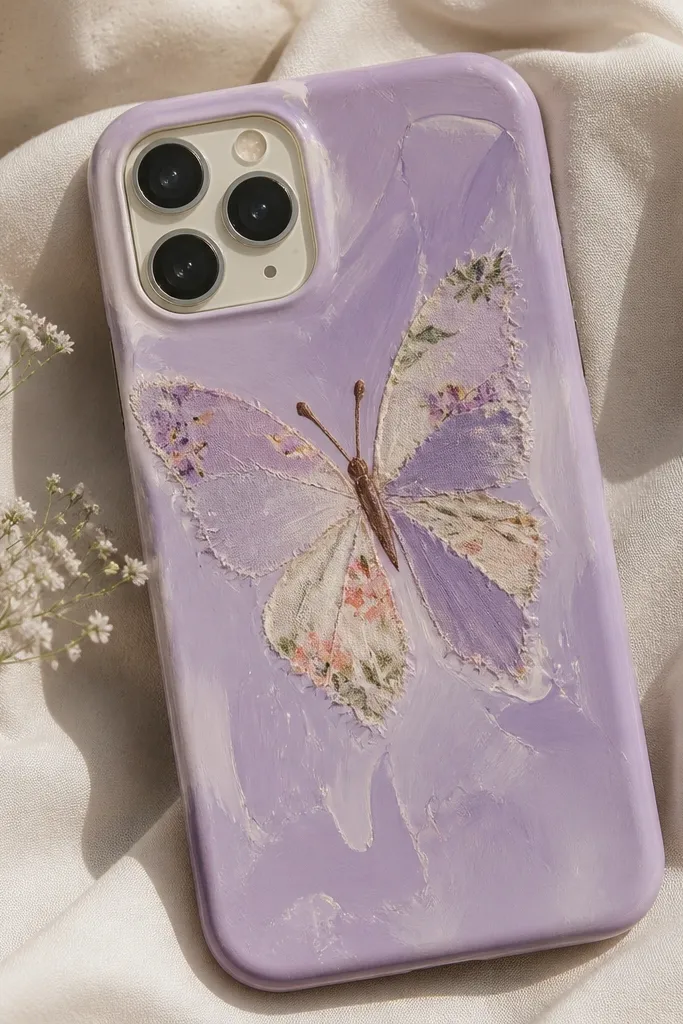 A pastel lavender phone case with a glossy acrylic paint wash behind a butterfly; the butterfly wings are made from small cut fabric pieces and the whole area is glossy and smooth.