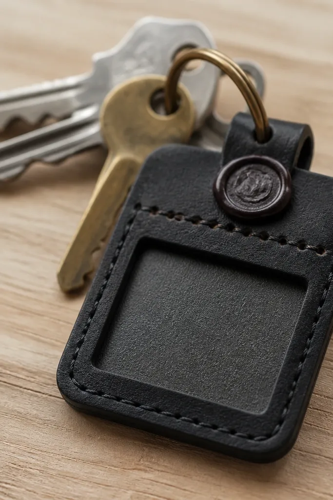 A close-up of a small black leather key tag with a neat rectangular window, a single hand-stamped dot row near the top, and a dark wax seal on a loop. The keys sit behind it on a light wood table.