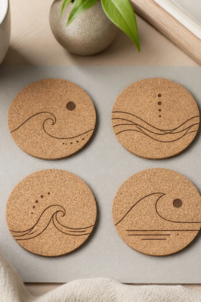 Four round cork coasters in a grid on a desk mat. Each coaster has a single burned line design, like a minimalist wave and dot accents, all in the same dark brown tone.