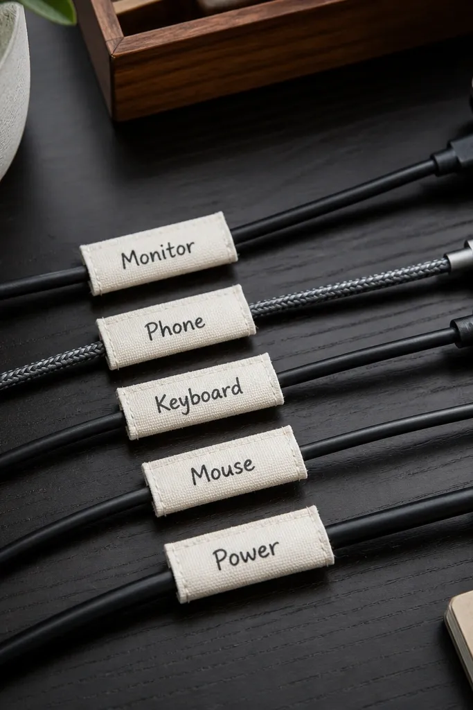 A tidy set of cable labels attached to cords, each label in off-white with a charcoal hand-lettered word like 'Monitor' and 'Phone'. The cords run neatly across a dark desk.