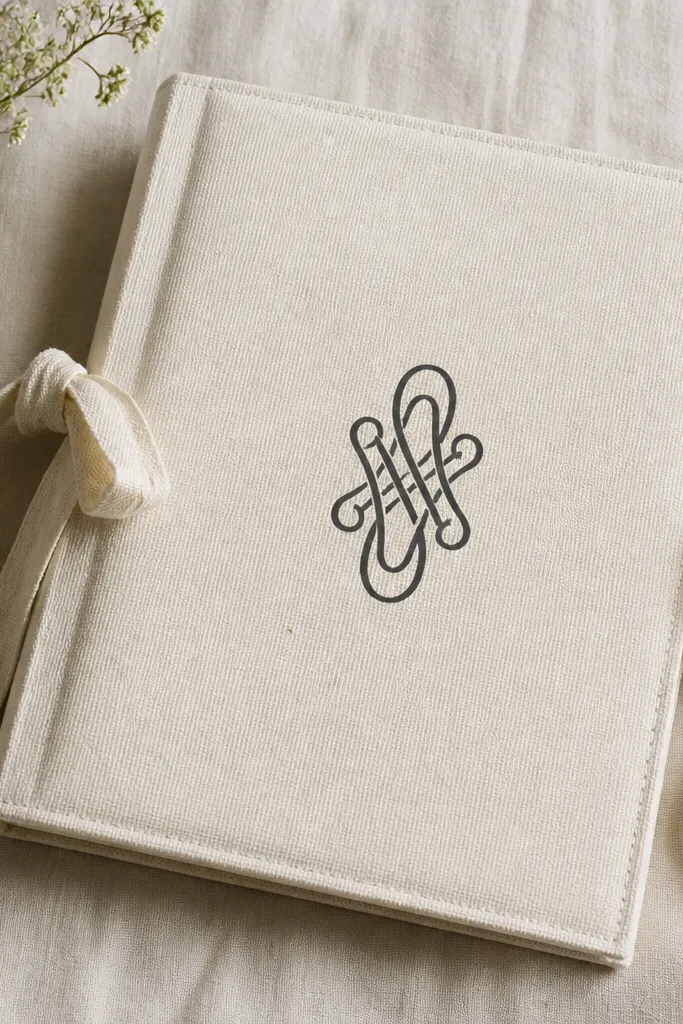 An off-white canvas notebook cover with a charcoal monogram in the center. Two fabric ties are visible on the sides, and the cover edges are neatly turned with top-stitching.